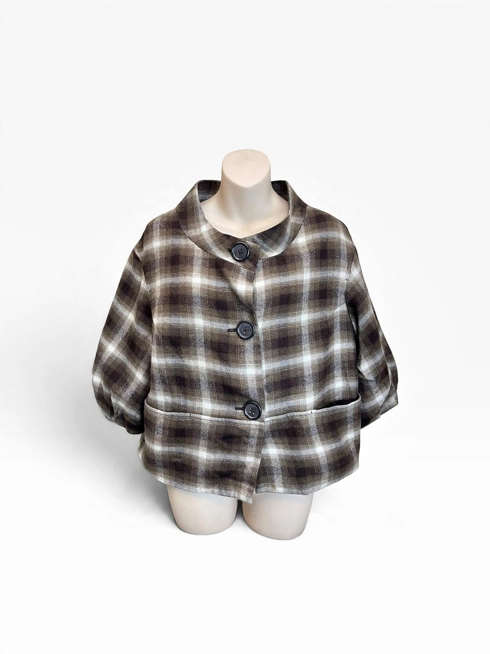 To The Max Plaid Cropped Jacket Brown Cream Wool Blend Size L